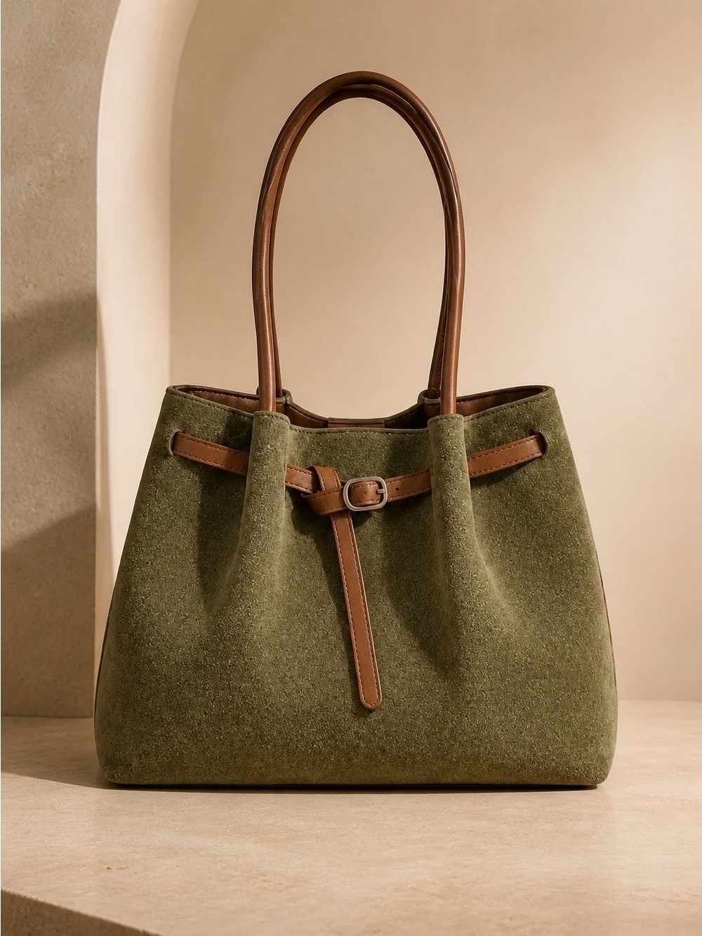 Green & Brown Faux-Suede Tote w/Brown Leather Handles & Adjustable Strap NWOT